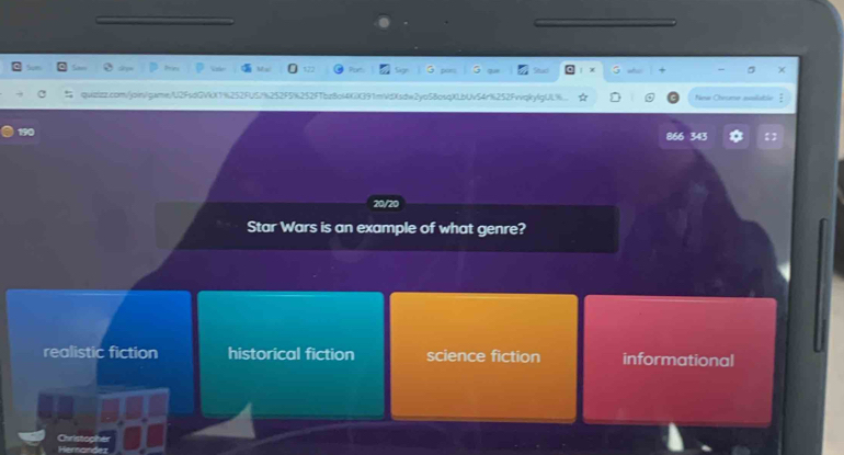 TbzBo(4)K)()91mVdXsdw2ya58osqXLbUv54r%252Fvvqky(gUL%.. New Chrme assilacle
19
866 343
20/20
Star Wars is an example of what genre?
realistic fiction historical fiction science fiction informational