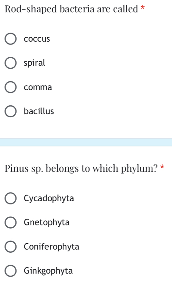 Rod-shaped bacteria are called *
coccus
spiral
comma
bacillus
Pinus sp. belongs to which phylum? *
Cycadophyta
Gnetophyta
Coniferophyta
Ginkgophyta