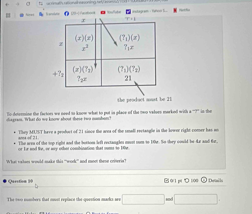 News Translate (20+) Facebook YouTube instagram - Yahoo S... Netflix
the product must be 21
To determine the factors we need to know what to put in place of the two values marked with a “?” in the
diagram. What do we know about these two numbers?
They MUST have a product of 21 since the area of the small rectangle in the lower right corner has an
area of 21.
The area of the top right and the bottom left rectangles must sum to 10x. So they could be 4x and 6x,
or 1x and 9x, or any other combination that sums to 10x.
What values would make this “work” and meet these criteria?
Question 10  0/1 pt つ100 ⓘ Details
The two numbers that must replace the question marks are □ and □ .