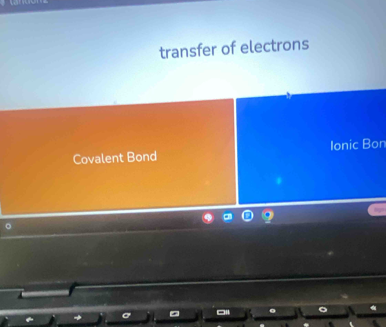 tandone
transfer of electrons
Covalent Bond Ionic Bon