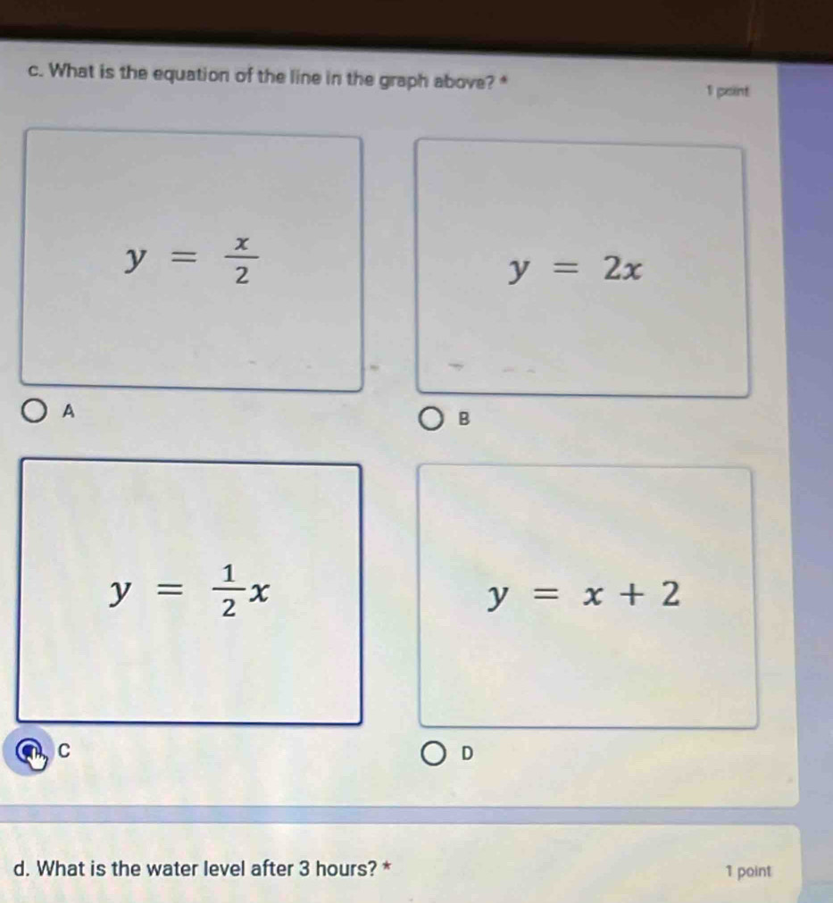 What is the equation of the line in the graph above?* 1 point
y= x/2 
y=2x
A
B
y= 1/2 x
y=x+2
C
D
d. What is the water level after 3 hours? * 1 point