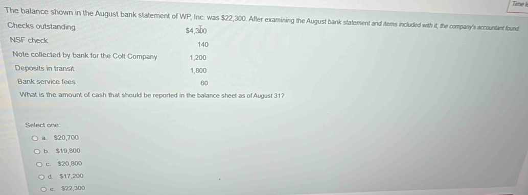 Time I
The balance shown in the August bank statement of WP, Inc. was $22,300. After examining the August bank statement and items included with it, the company's accountant found.
Checks outstanding
$4 300
NSF check 140
Note collected by bank for the Colt Company 1,200
Deposits in transit 1,800
Bank service fees
60
What is the amount of cash that should be reported in the balance sheet as of August 31?
Select one:
a. $20,700
b. $19,800
c. $20,800
d. $17,200
e. $22,300