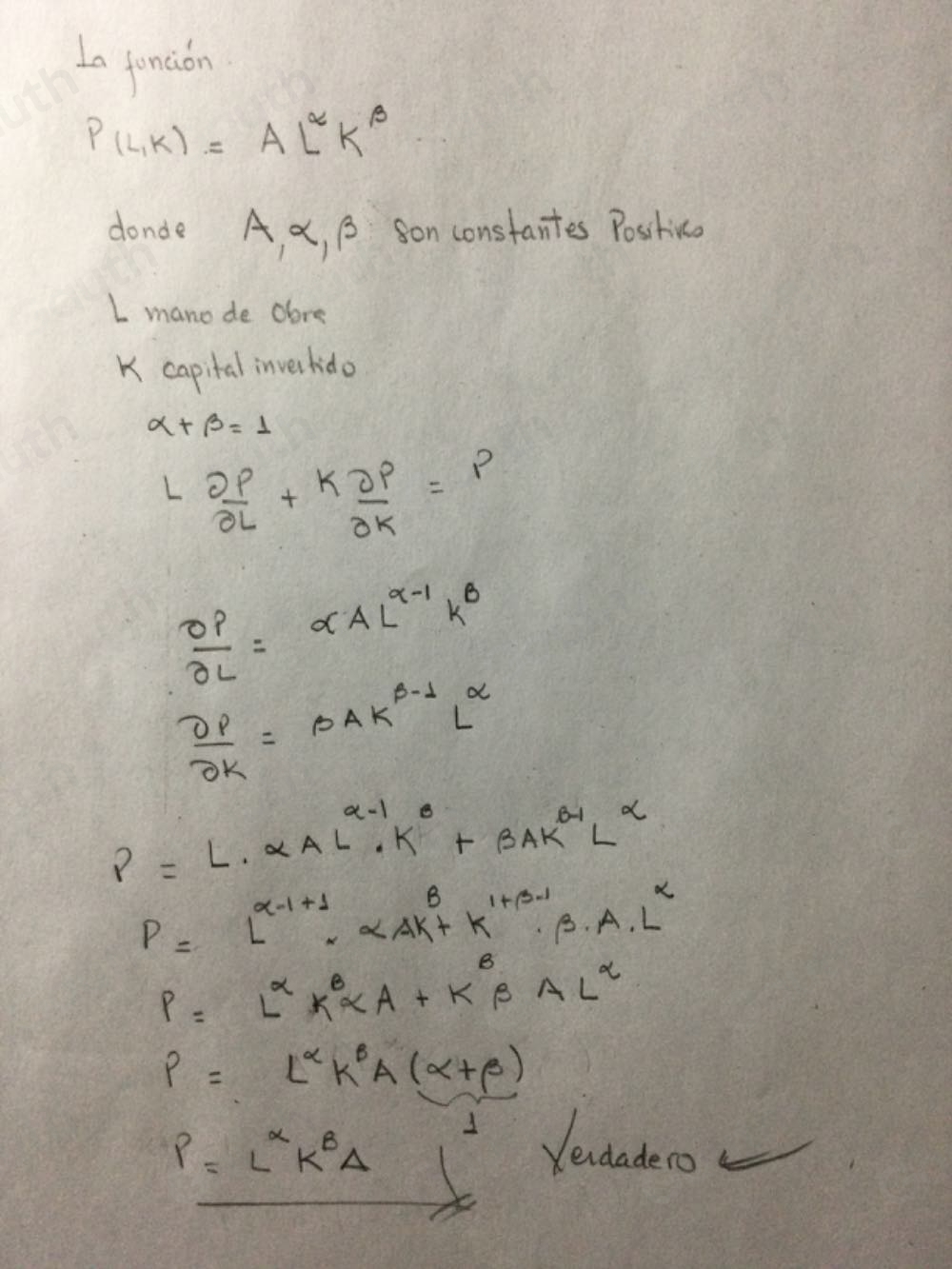 Resuelto:La función de Producción de Cobb-Douglas , es : P(L,K)=AL ...