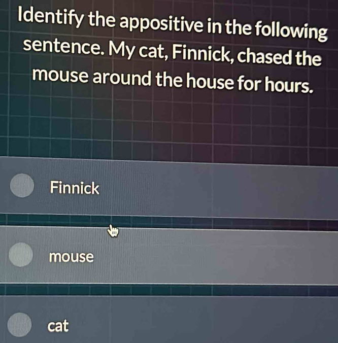 Identify the appositive in the following
sentence. My cat, Finnick, chased the
mouse around the house for hours.
Finnick
mouse
cat