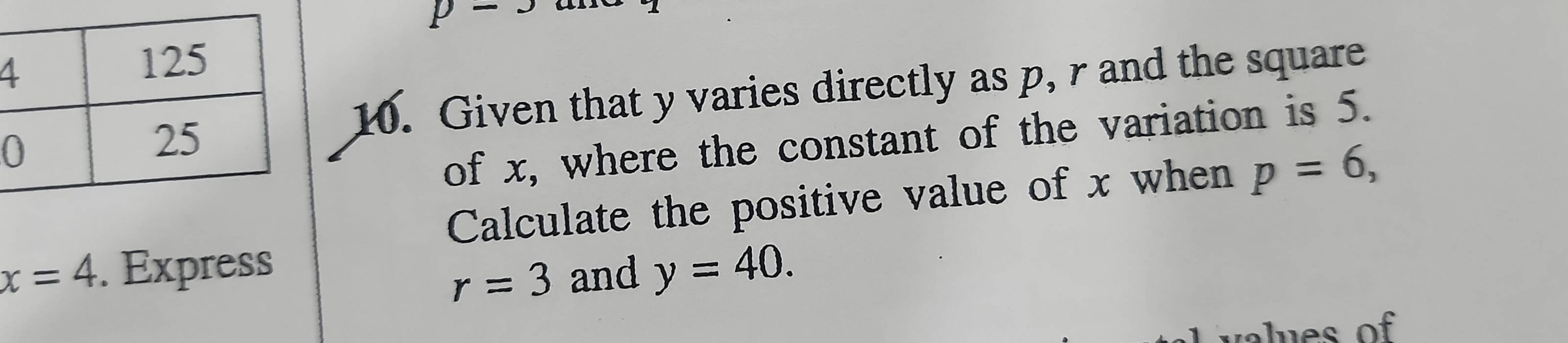 p-3
4 
10. Given that y varies directly as p, r and the square 
of x, where the constant of the variation is 5. 
Calculate the positive value of x when p=6,
x=4. Express and y=40.
r=3
es of