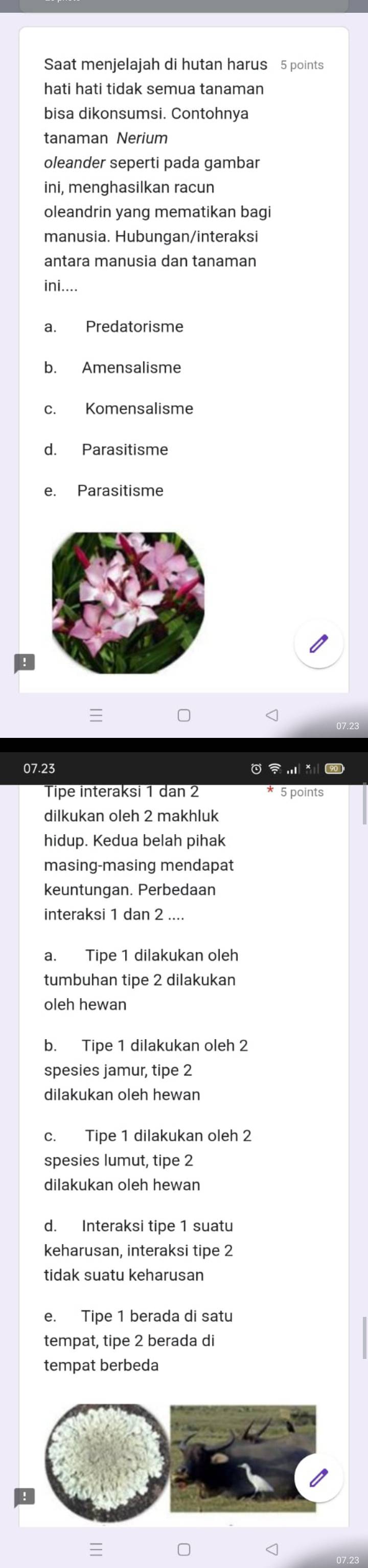 Saat menjelajah di hutan harus 5 points
hati hati tidak semua tanaman
bisa dikonsumsi. Contohnya
tanaman Nerium
oleander seperti pada gambar
ini, menghasilkan racun
oleandrin yang mematikan bagi
manusia. Hubungan/interaksi
antara manusia dan tanaman
ini.
a. Predatorisme
b. Amensalisme
c. Komensalisme
d. Parasitisme
e. Parasitisme
07.23
Tipe interaksi 1 dan 2 5 points
dilkukan oleh 2 makhluk
hidup. Kedua belah pihak
masing-masing mendapat
keuntungan. Perbedaan
interaksi 1 dan 2....
a. Tipe 1 dilakukan oleh
tumbuhan tipe 2 dilakukan
oleh hewan
b. Tipe 1 dilakukan oleh 2
spesies jamur, tipe 2
dilakukan oleh hewan
c. Tipe 1 dilakukan oleh 2
spesies lumut, tipe 2
dilakukan oleh hewan
d. Interaksi tipe 1 suatu
keharusan, interaksi tipe 2
tidak suatu keharusan
e. Tipe 1 berada di satu
tempat, tipe 2 berada di
tempat berbeda