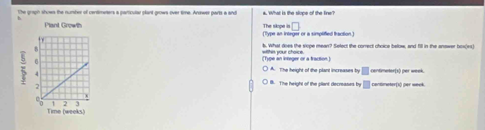 The graph shows the number of centimeters a particular plant grows over time. Answer parts a and a. What is the slope of the line?
The slope is □. 
(Type an integer or a simplified fraction.)
b. What does the slope mean? Select the correct choice below, and fill in the answer box(es) 
within your choice.
(Type an integer or a fraction.)
A. The height of the plant increases by □ centimeter(s) per week.
B. The height of the plant decreases by □ centimeter(s) per week.