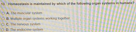 Homeostasis is maintained by which of the following organ systems in humans?
A. The muscular system
B. Multiple organ systems working together
C. The nervous system
D. The endocrine system