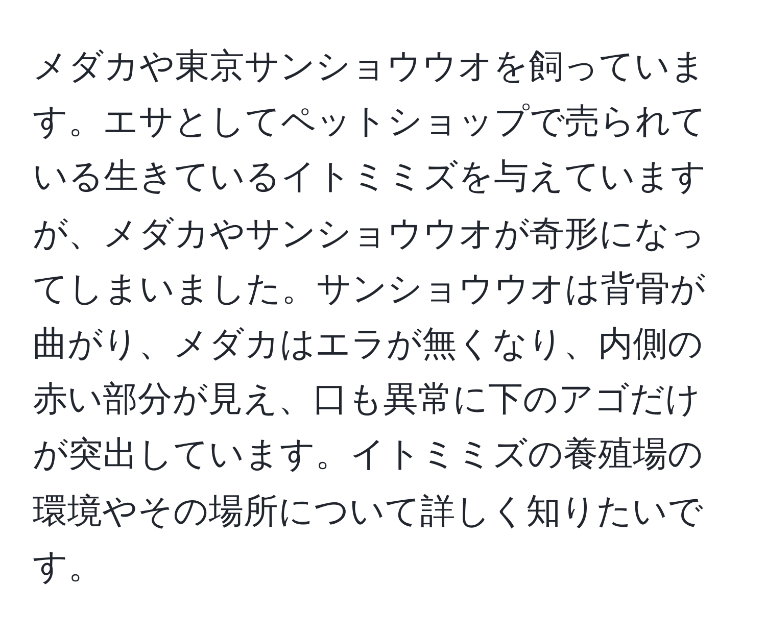 メダカや東京サンショウウオを飼っています。エサとしてペットショップで売られている生きているイトミミズを与えていますが、メダカやサンショウウオが奇形になってしまいました。サンショウウオは背骨が曲がり、メダカはエラが無くなり、内側の赤い部分が見え、口も異常に下のアゴだけが突出しています。イトミミズの養殖場の環境やその場所について詳しく知りたいです。