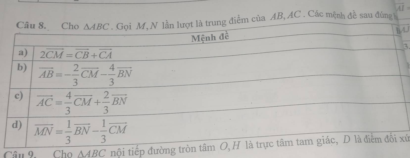 overline AI=
ủa AB, AC . Các mệnh đề sau đúng h
AJ
3
Câu 9. Cho △ ABC nội tiếp đườứ