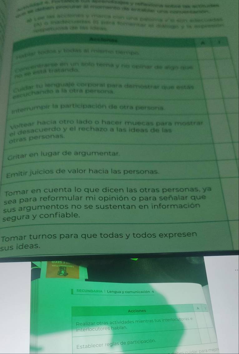 Actividad 6. Fortarece tus aprenazagne y refaaiana sobre un actitudes 
que se debén procurar al momento de antable una convercación. 
a) Loe las acciones y marca con una paluma √a són adecuadas 
(A) o inadecuadas (I) bara forent 
I 
v 
e 
o 
Gr 
E 
To 
se 
su 
seg 
Tom 
sus 
SECUNDARIA | Lengua y comunicación 4 
n h idar p