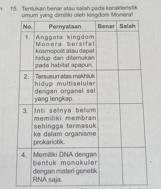 Tentukan benar atau salah pada karakteristik 
Monera! 
RNA saja.