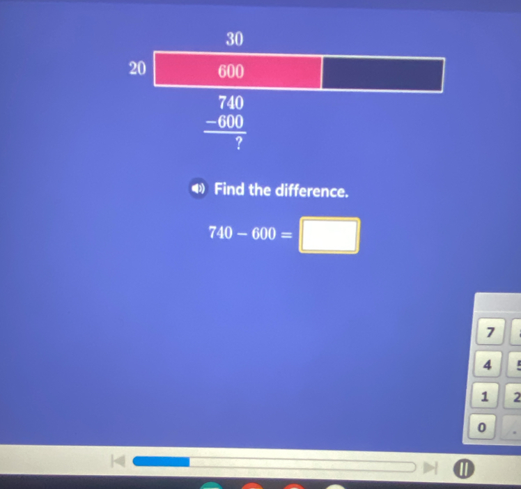Find the difference.
740-600=□
7
4
1 2
0
1