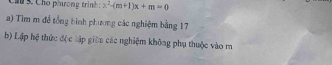 Cầu S. Cho phương trình: x^2-(m+1)x+m=0
a) Tìm m để tổng bình phương các nghiệm bằng 17
b) Lập hệ thức độc lập giữa các nghiệm không phụ thuộc vào m