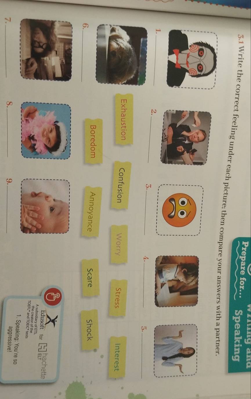 wring and
Prepare for… Speaking
3.1 Write the correct feeling under each picture; then compare your answers with a partner.
1._
2._
3._
4._
5._
Exhaustion Confusion Worry Stress Interest
Boredom
Annoyance Scare Shock
6._
Edusoft for hachette
8L1
A subsidiary of ETS,
the creator of the
TOEFL® and TOEIC® tests
1. Speaking: You're so
7._
8._
9._
aggressive!