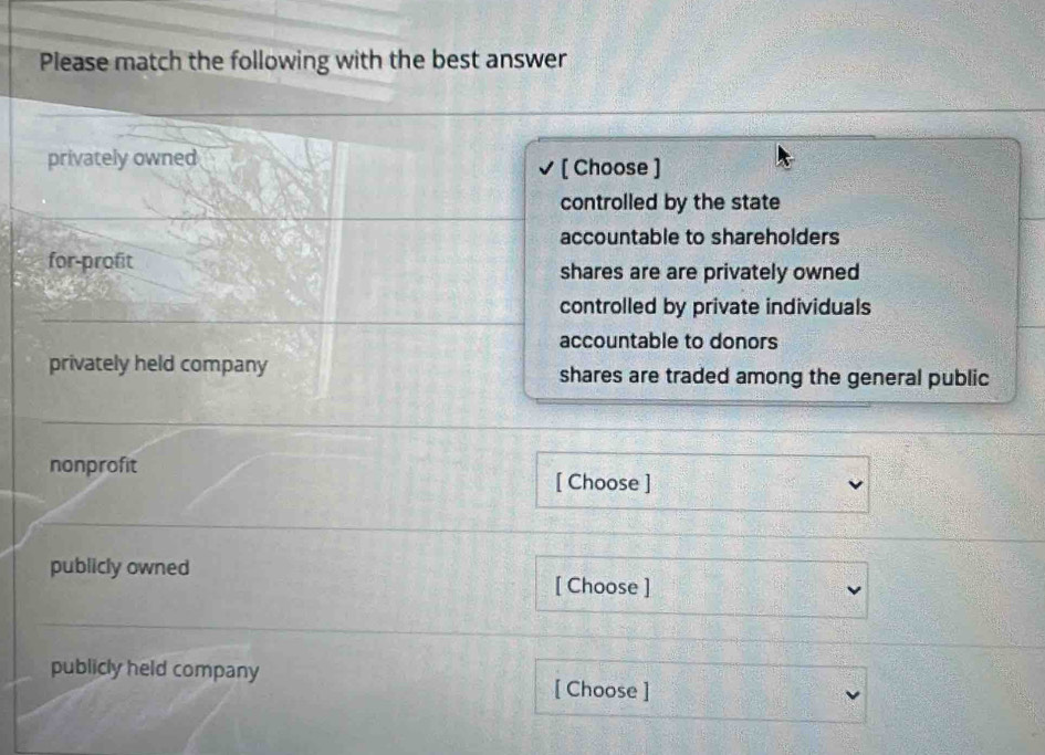 Please match the following with the best answer
privately owned
[ Choose ]
controlled by the state
accountable to shareholders
for-profit shares are are privately owned
controlled by private individuals
accountable to donors
privately held company shares are traded among the general public
nonprofit [ Choose ]
publicly owned
[ Choose ]
publicly held company
[ Choose ]