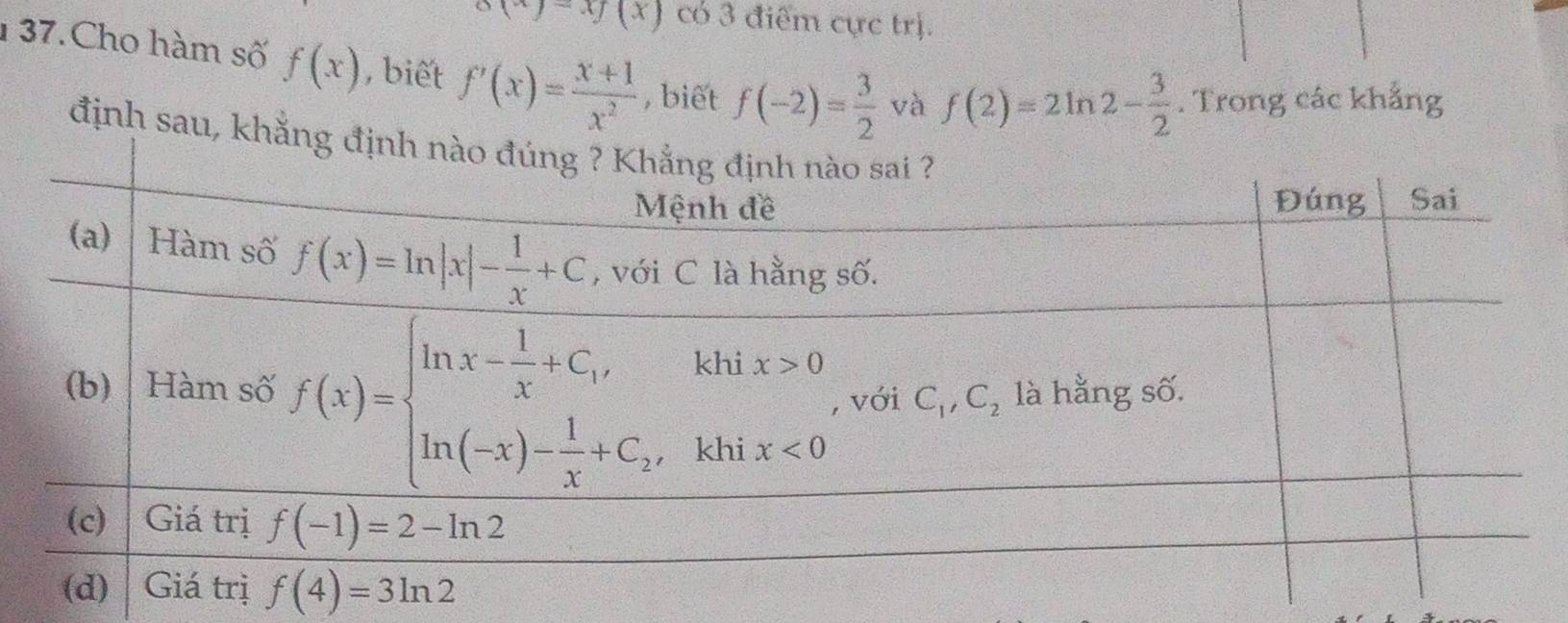 circ (x)-xf(x) có 3 điểm cực trị.
1 37. Cho hàm số f(x) , biết f'(x)= (x+1)/x^2  , biết f(-2)= 3/2  và f(2)=2ln 2- 3/2 . Trong các khẳng
định sau, k