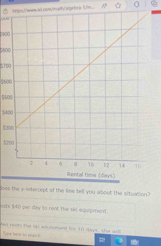 com/math/algebra-1/in... A^n +
,υ0U
$900
$800
$700
$600
$500
$400
$300
$2
does the y-intercept of the line tell you about the situation?
osts $40 per day to rent the ski equipment.
Med rents the ski equinment for 10 davs, she will
Type here to search