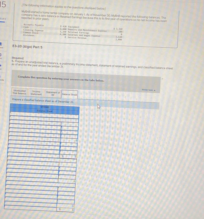 15 [The following information applies to the questions displayed below.] 
MyBnB started a home rental company on January 1. As of November 30, MyBnB reported the following balances. The 
company has a zero balance in Retained Earnings because this is its first year of operations so no net income has been
5 of 6
reported in prior years. 
Accounts Payable $ 420 Equipment 
Cash 1,260 Retained Earnings 1,400 Repairs and Maintenance Expense $ 3,360
Cleaning Expense 4,200 Salaries and Wages Expense 
Dividends Common Stock 280
0 
@ Service Revenue 2, 800 1 , 120

E3-20 (Algo) Part 5 
Required: 
5. Prepare an unadjusted trial balance, a preliminary income statement, statement of retained earnings, and classified balance sheet 
as of and for the year ended December 31. 
Complete this question by entering your answers in the tabs below. 

Show less A 
Income 
Trial Balance Unadjusted Statement Statement of Balance Shéet 
RE 
Prepare a classified balance