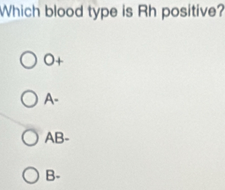 Which blood type is Rh positive?
O+
A-
AB-
B-