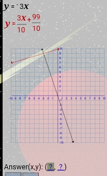 y=-3x
y= 3x/10 + 99/10 
10
Answer (x,y) :(_ ?,_ ?)