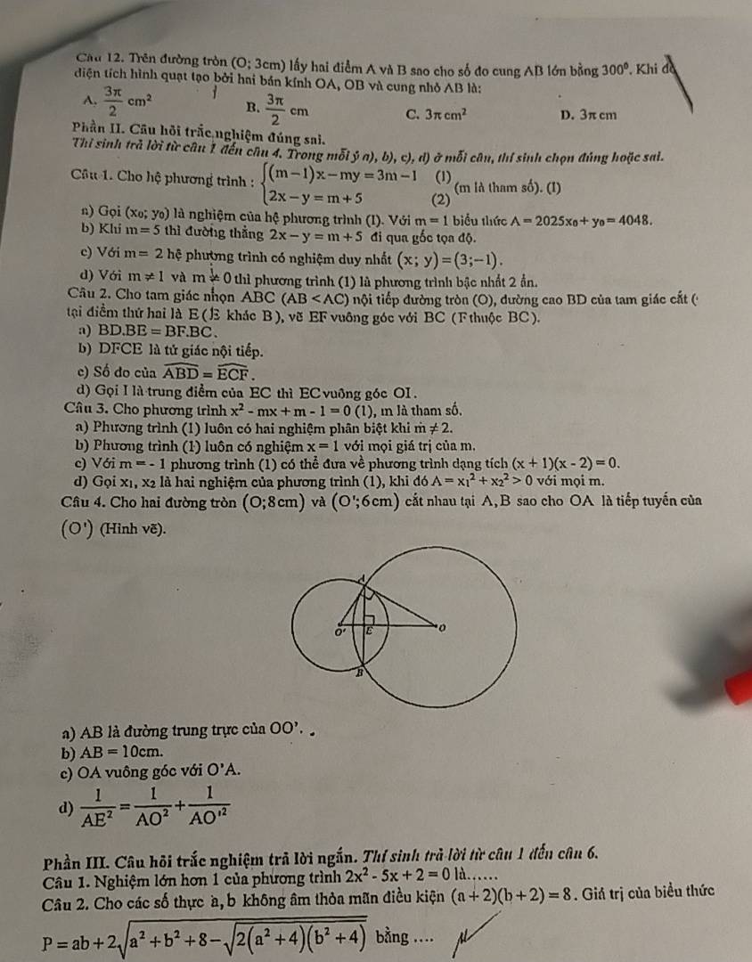 Trên đường tròn (O;3cm) ) lấy hai điểm A và B sao cho số đo cung AB lớn bằng 300°. Khi đờ
diện tích hình quạt tạo bởi hai bán kính OA, OB và cung nhỏ AB là:
A.  3π /2 cm^2 B.  3π /2 cm C. 3π cm^2 D. 3π cm
Phần II. Cầu hỏi trắc nghiệm đúng sai.
Thi sinh trả lời từ câu 1 đến câu 4. Trong mỗi ý a), b) ,c),d) ở mỗi cân, thí sinh chọn đúng hoặc sai.
(1) (m là tham số). (I)
Câu 1. Cho hệ phương trình : beginarrayl (m-1)x-my=3m-1 2x-y=m+5endarray. (2)
n) Gọi (xo; y₀) là nghiệm của hệ phương trình (I). Với m=1 biểu thức A=2025x_0+y_0=4048.
b) Khi m=5 thì đường thẳng 2x-y=m+5 đi qua gốc tọa độ.
c) Với m=2 hệ phượng trình có nghiệm duy nhất (x;y)=(3;-1).
d) Với m!= 1 và m!= 0 th hì phương trình (1) là phương trình bậc nhất 2 ần.
Câu 2. Cho tam giác nhọn . ABC(AB nội tiếp đường tròn (O), dường cao BD của tam giác cắt (
tại điềm thứ hai là E ( khác B ), vẽ EF vuông góc với BC (F thuộc BC).
a) BD.BE=BF.BC.
b) DFCE là tử giác nội tiếp.
c) Số do của widehat ABD=widehat ECF.
d) Gọi I là trung điểm của EC thì EC vuỡng góc OI.
Câu 3. Cho phương trình x^2-mx+m-1=0( (1), in là tham số.
a) Phương trình (1) luôn có hai nghiệm phân biệt khi m!= 2.
b) Phương trình (1) luôn có nghiệm x=1 với mọi giá trị của m.
c) Với m=-1 phương trình (1) có thể đưa về phương trình dạng tích (x+1)(x-2)=0.
d) Gọi xị, x2 là hai nghiệm của phương trình (1), khi đó A=x_1^(2+x_2^2>0 với mọi m.
Cầâu 4. Cho hai đường tròn (0;8cm) và (O';6cm) ) cắt nhau tại A, B sao cho OA là tiếp tuyến của
(O') (Hinh vẽ).
a) AB là đường trung trực của OO'.
b) AB=10cm.
c) OA vuông góc với O'A.
d) frac 1)AE^2= 1/AO^2 +frac 1AO'^2
Phần III. Câu hội trắc nghiệm trả lời ngắn. Thí sinh trả-lời từ câu 1 đến câu 6.
Câu 1. Nghiệm lớn hơn 1 của phương trình 2x^2-5x+2=0ld.
Câu 2. Cho các số thực a, b không âm thỏa mãn điều kiện (a+2)(b+2)=8. Giá trị của biểu thức
P=ab+2sqrt(a^2+b^2+8-sqrt 2(a^2+4)(b^2+4)) bằng ....