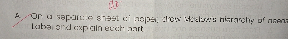 On a separate sheet of paper, draw Maslow's hierarchy of needs 
Label and explain each part.