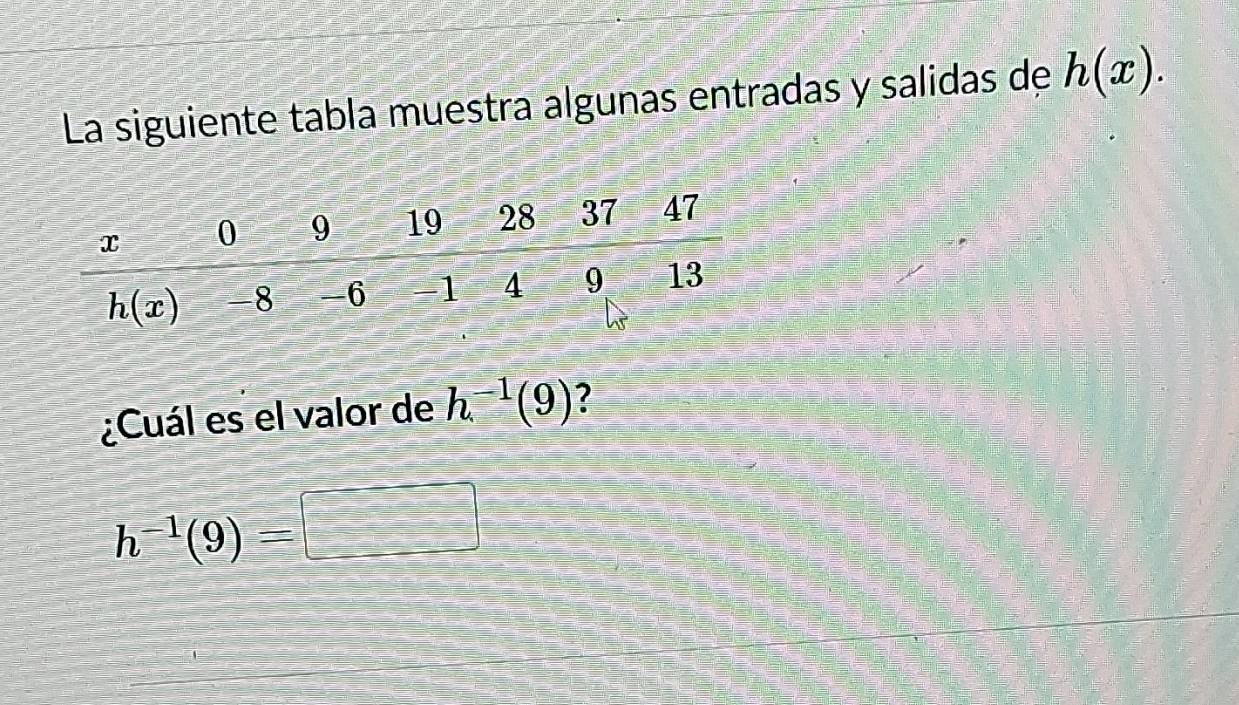 La siguiente tabla muestra algunas entradas y salidas de h(x).
¿Cuál es el valor de h^(-1)(9) ?
h^(-1)(9)=□