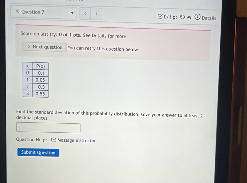 < × Question 7 □0/1 pt つ 99 Details Score on last try: 0 of 1 pts. See Details for more. Next question You can retry this question below Find the standard deviation of this probability distribution. Give your answer to at least 2 decimal places Question Help: Message instructor Submit Question