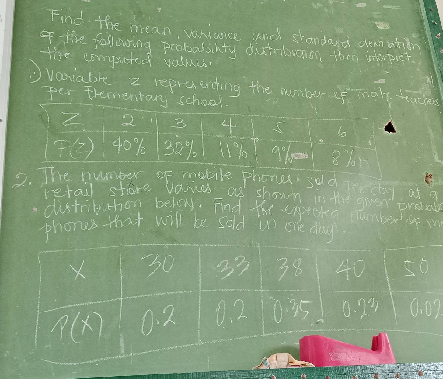 Find the mean, variance and standard deviation
Iffe following probability dutnbution then interpret
the computed values.
Dvaniable z repreventing the number of make teachers
per trementary school
2s, sold perday at a
refail store vaices as shown in the given" probab
distribution beloy. Find the expected number of m
phones that will be sold in one day
7