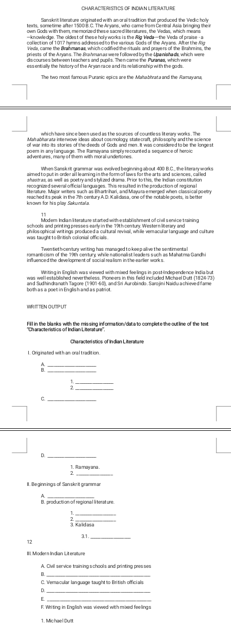 texts. sometime after 1500 B.C. The Arvans, who came from Central Asia bringing the ir 
own Gods with them, memorized these sacred lite ratures, the Vedas, which means 
—knowledge. The oldest of these holy works is the Rig Veda—the Veda of praise - a 
Veda, came the Brahmanas, which codified the rituals and prayers of the Brahmins, the 
essentially the history of the Aryan race and its relationship with the gods 
The two most famous Puranic epics are the Mahabhrata and the Ramayana, 
poem in any language. The Ramayana simplyrecounted a sequence of heroic 
adventures , many of them with mor al undertones . 
When Sansk rit grammar was evolved beginning about 400 B.C., the literary works 
lite rature. Major writers such as Bhartrihari, and Mayura emerged when classical poetry 
known for his play Sakuntala. 
Modern Indian literature started withestablishment of civilservice training 
schools and print ing presse's early in the 19t h century. Western literary and 
philos ophical writings produced a cultural revival, while vern acular l anguage and culture 
was taught to British colonial officials . 
Twen tieth-century writing has managed to keep alive the sentimenta l 
romanticism of the 19th century while nationalist leaders such as Mahatma Gandhi 
Writing in English wasviewed with mixed feelings in post-Independence Indiabut 
and Sudhindra nath Tagore (1901-60), and Sri Aur obindo. Sarojin i Naidu a chieved fame 
both a s a poet in Englis h and as patriot 
WRITTEN OUTPUT 
Fill in the blanks with the missing information/data to complete the outline of the text 
Cha racteristics of In dian Literature 
1 . Orig inated with an oral tradition. 
__A 
C._ 
_D 
1. Ra may ana . 
2 
II. Beginnings of Sanskr it grammar 
_A 
B. production of regional literat ure. 
3. Kalidasa 
3.1_ 
12 
B. 
C. Vernacular language taught to British officials 
_ 
I 
F. Writing in English was viewed with mixed feelings 
1. Mic hae l Dutt