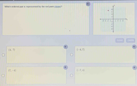 Which ordered pair is represented by the red point shown?
(4,7)
(-4,7)
(7,-4)
(-7,4)