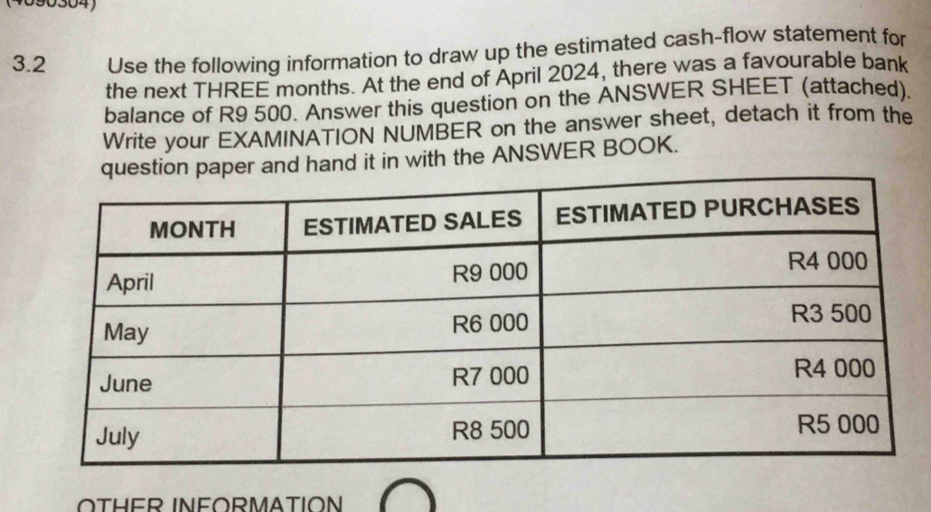 3.2 Use the following information to draw up the estimated cash-flow statement for 
the next THREE months. At the end of April 2024, there was a favourable bank 
balance of R9 500. Answer this question on the ANSWER SHEET (attached). 
Write your EXAMINATION NUMBER on the answer sheet, detach it from the 
r and hand it in with the ANSWER BOOK. 
OTHER INFORMATION