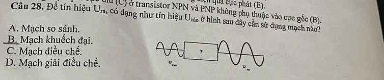 qua cực phát (E).
I (C) ở transistor NPN và PNP không phụ thuộc vào cực gốc (B).
Câu 28. Đề tín hiệu U_ra , có dạng như tín hiệu U_vio ở hình sau đây cần sử dụng mạch nào?
A. Mạch so sánh.
B. Mạch khuếch đại.
C. Mạch điều chế. 
D. Mạch giải điều chế.