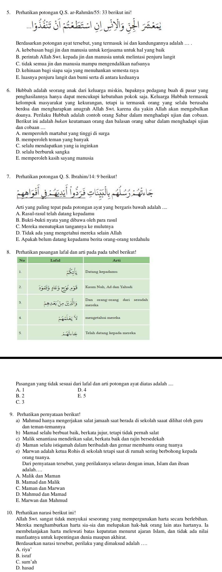 Perhatikan potongan Q.S. ar-Rahmān/55: 33 berikut ini!
Berdasarkan potongan ayat tersebut, yang termasuk isi dan kandungannya adalah … .
A. kebebasan bagi jin dan manusia untuk kerjasama untuk hal yang baik
B. perintah Allah Swt. kepada jin dan manusia untuk melintasi penjuru langit
C. tidak semua jin dan manusia mampu mengendalikan nafsunya
D. kehinaan bagi siapa saja yang menuhankan semesta raya
E. luasnya penjuru langit dan bumi serta di antara keduanya
6. Hubbah adalah seorang anak dari keluarga miskin, bapaknya pedagang buah di pasar yang
penghasilannya hanya dapat mencukupi kebutuhan pokok saja. Keluarga Hubbah termasuk
kelompok masyarakat yang kekurangan, tetapi ia termasuk orang yang selalu berusaha
berdoa dan mengharapkan anugrah Allah Swt. karena dia yakin Allah akan mengabulkan
doanya. Perilaku Hubbah adalah contoh orang Sabar dalam menghadapi ujian dan cobaan.
Berikut ini adalah bukan keutamaan orang dan balasan orang sabar dalam menghadapi ujian
dan cobaan ....
A. memperoleh martabat yang tinggi di surga
B. memperoleh teman yang banyak
C. selalu mendapatkan yang ia inginkan
D. selalu berburuk sangka
E. memperoleh kasih sayang manusia
7. Perhatikan potongan Q. S. Ibrahim/14: 9 berikut!
Arti yang paling tepat pada potongan ayat yang bergaris bawah adalah ....
A. Rasul-rasul telah datang kepadamu
B. Bukti-bukti nyata yang dibawa oleh para rasul
C. Mereka menutupkan tangannya ke mulutnya
D. Tidak ada yang mengetahui mereka selain Allah
E. Apakah belum datang kepadamu berita orang-orang terdahulu
8. Perhatikan pasangan lafal dan arti pada pada tabel berikut!
Pasangan yang tidak sesuai dari lafal dan arti potongan ayat diatas adalah ....
A. 1 D. 4
B. 2 E. 5
C. 3
9. Perhatikan pernyataan berikut!
a) Mahmud hanya mengerjakan salat jamaah saat berada di sekolah saaat dilihat oleh guru
dan teman-temannya
b) Mamad selalu berbuat baik, berkata jujur, tetapi tidak pernah salat
c) Malik senantiasa mendirikan salat, berkata baik dan rajin bersedekah
d) Maman selalu istiqamah dalam beribadah dan gemar membantu orang tuanya
e) Marwan adalah ketua Rohis di sekolah tetapi saat di rumah sering berbohong kepada
orang tuanya.
Dari pernyataan tersebut, yang perilakunya selaras dengan iman, Islam dan ihsan
adalah…...
A. Malik dan Maman
B. Mamad dan Malik
C. Maman dan Marwan
D. Mahmud dan Mamad
E. Marwan dan Mahmud
10. Perhatikan narasi berikut ini!
Allah Swt. sangat tidak menyukai seseorang yang mempergunakan harta secara berlebihan.
Mereka menghamburkan harta sia-sia dan melupakan hak-hak orang lain atas hartanya. Ia
Berdasarkan narasi tersebut, perilaku yang dimaksud adalah …
A. riya’
B. israf
C. sum’ah
D. hasad