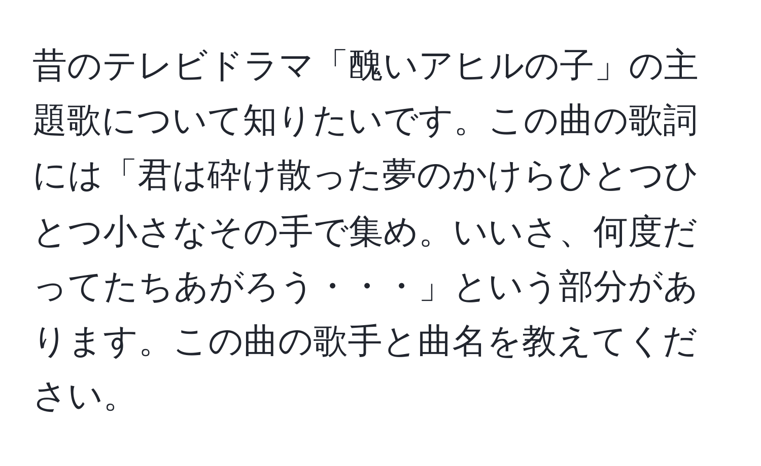 昔のテレビドラマ「醜いアヒルの子」の主題歌について知りたいです。この曲の歌詞には「君は砕け散った夢のかけらひとつひとつ小さなその手で集め。いいさ、何度だってたちあがろう・・・」という部分があります。この曲の歌手と曲名を教えてください。