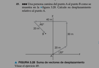 ●●● Una persona camina del punto A al punto B como se
muestra en la ￥figura 3.28. Calcule su desplazamiento
relativo al punto A.
FIGURA 3.28 Suma de vectores de desplazamiento
Véase el ejercicio 49.