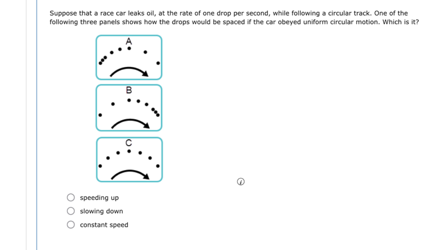 Suppose that a race car leaks oil, at the rate of one drop per second, while following a circular track. One of the
following three panels shows how the drops would be spaced if the car obeyed uniform circular motion. Which is it?
A
speeding up
slowing down
constant speed