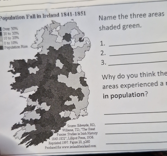 Name the three areas
Population Fall in Ireland 1841-1851
Ov
20 shaded green.
10 
0 
_
_
P
1.
2.
3.
_
Why do you think the
areas experienced a 
in population?
_
_
_
_