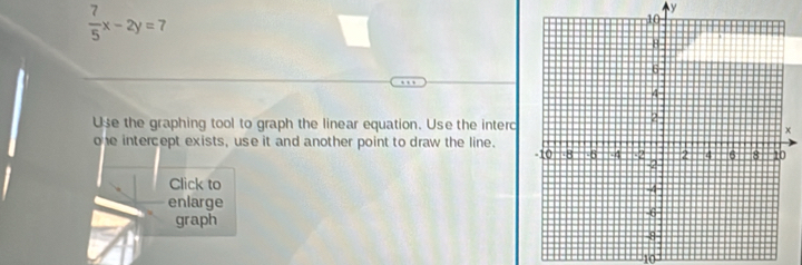  7/5 x-2y=7
y
Use the graphing tool to graph the linear equation. Use the interc
x
one intercept exists, use it and another point to draw the line. 
Click to 
enlarge 
graph
10