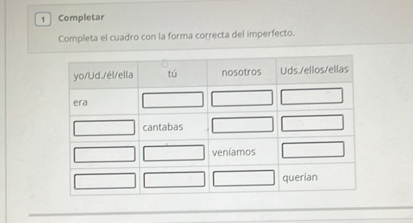 Completar 
Completa el cuadro con la forma correcta del imperfecto.