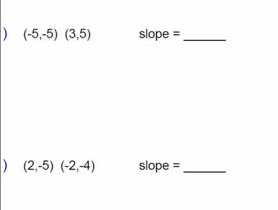 ) (-5,-5)(3,5) slope =_ 
) (2,-5)(-2,-4) slope =_