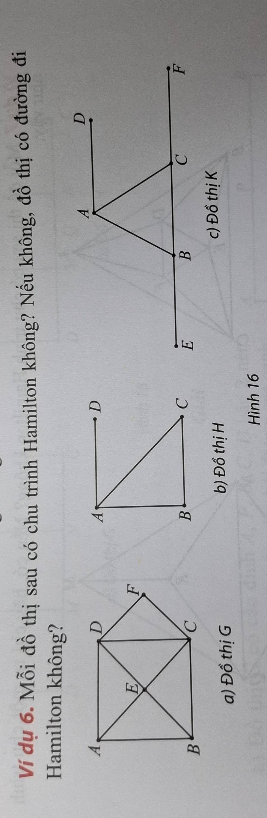 Ví dụ 6. Mỗi đồ thị sau có chu trình Hamilton không? Nếu không, đồ thị có đường đi
Hamilton không?
A
D
B
C
a) Đồ thị G
b) Đồ thị H c) Đồ thị K
Hình 16