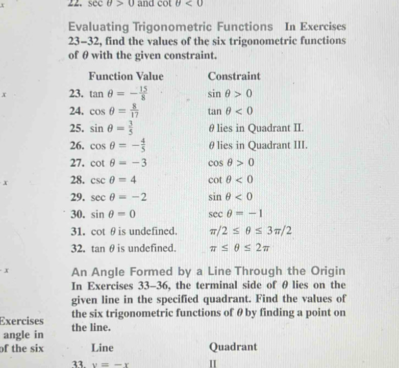 sec θ >0 and cot θ <0</tex> 
Evaluating Trigonometric Functions In Exercises 
23-32, find the values of the six trigonometric functions 
of θ with the given constraint. 
Function Value Constraint 
x 
23. tan θ =- 15/8  sin θ >0
24. cos θ = 8/17  tan θ <0</tex> 
25. sin θ = 3/5  θ lies in Quadrant II. 
26. cos θ =- 4/5  θ lies in Quadrant III. 
27. cot θ =-3 cos θ >0
x 
28. csc θ =4 cot θ <0</tex> 
29. sec θ =-2 sin θ <0</tex> 
30. sin θ =0 sec θ =-1
31. cot θ is undefined. π /2≤ θ ≤ 3π /2
32. tan θ is undefined. π ≤ θ ≤ 2π
x 
An Angle Formed by a Line Through the Origin 
In Exercises 33-36, the terminal side of θ lies on the 
given line in the specified quadrant. Find the values of 
Exercises the six trigonometric functions of θ by finding a point on 
angle in the line. 
of the six Line Quadrant 
33. v=-x
II