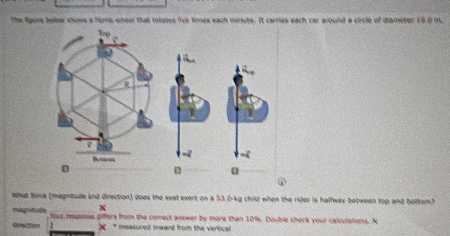 The figure belew shows a ferris wheel that rotates five times each minute. It carries each car around a circle of diameter 19.0 m. 
What force (magnitude and direction) does the seat exert on a 53.0-kg child when the rider is halfway between top and bottom? 
magnitude
x
Your response differs from the correct answer by more than 10%. Double check your calculations. N 
direction 2 * measured inward from the vertical