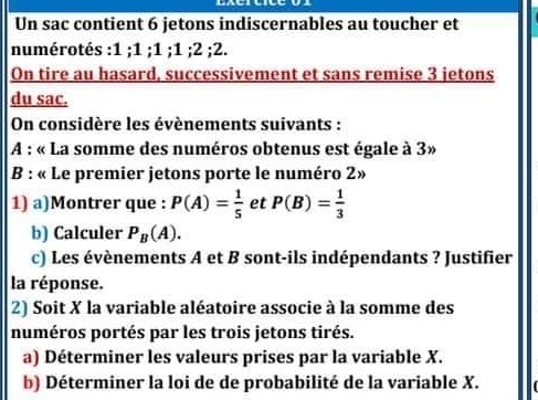 Un sac contient 6 jetons indiscernables au toucher et 
numérotés : 1; 1; 1; 1; 2; 2. 
On tire au hasard, successivement et sans remise 3 jetons 
du sac. 
On considère les évènements suivants : 
A : « La somme des numéros obtenus est égale à 3» 
B : « Le premier jetons porte le numéro 2» 
1) a)Montrer que : P(A)= 1/5  et P(B)= 1/3 
b) Calculer P_B(A). 
c) Les évènements A et B sont-ils indépendants ? Justifier 
la réponse. 
2) Soit X la variable aléatoire associe à la somme des 
numéros portés par les trois jetons tirés. 
a) Déterminer les valeurs prises par la variable X. 
b) Déterminer la loi de de probabilité de la variable X.