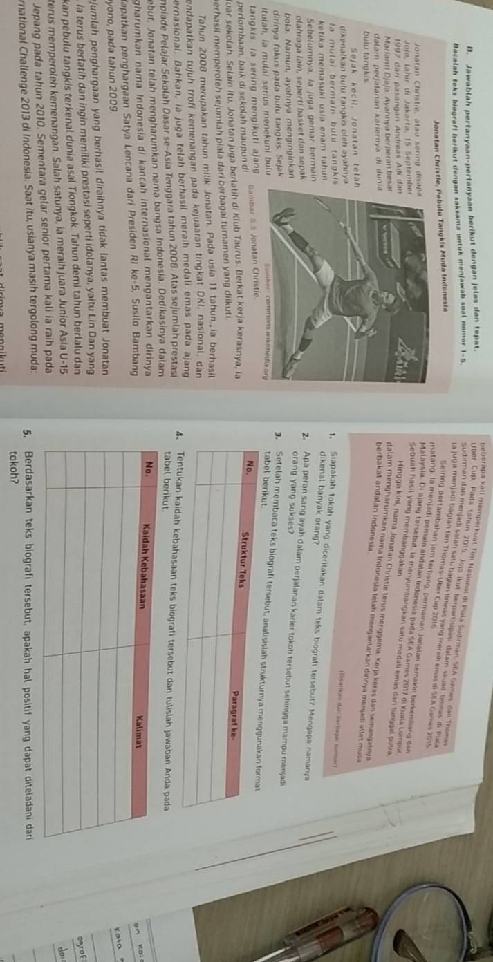 Jawablah pertanyaan-pertanyaan berikut dengan jelas dan tepat.
heberapa kali memperkuat Tim Nasional di Piala Sudirman, SEA Games, dan Thoma
Bacalah teks biografi berikut dengan saksama untuk menjawab soal nomor 1-5.
über Cup. Pada tahun 2015, Jojo ikut berpartisipasi dalam skuad timnas di Pali
sudirman dan menjadi salah satu bagian timnas yang meraih emas di SEA Games 2019
la juga menjadi bagian tim Thomas-Uber Cup 2016
Jonatan Christie, Pebulu Tangkis Muda Indonesia
Seiring pertambahan jam terbang, permainan Jonatan semakin berkembang dan
Jonatan Christie, atau sering di
matang. la menjadi pemain andalan indonesia pada SEA Games 2017 di Kuala Lumpur
Jojó, lahir di Jakarta, 15 Septem
Sebuah hasil yang membanggakan.
Malaysia. Di ajang tersebut, ia menyumbangkan satu medali emas dari tunggal putra
1997 dari pasangan Andreas Adi 
Marianti Djaja. Ayahnya berperan be
Hingga kini, nama Jonatan Christie terus menggema. Kerja keras dan semangatrya
dalam perjalanan kariernya di dun
berbakat andalan Indonesia
dalam mengharumkan nama Indonesia telah mengantarkan dirnya menjadi atlet muda
bulu tangkis
Sejak kecil, Jonatan tela
dikenalkan bulu tangkis oleh ayahnya
Disarian dar Sertagal Sumber)
la mulai bermain bulu tangki
ketika memasuki usia enam tahun 
1. Siapakah tokoh yang diceritakan dalam teks biografi tersebut? Mengapa namanya
dikenal banyak orang?
Sebelumnya, ia juga gemar bermain
olahraga lain, seperti basket dan sepak
2. Apa peran sang ayah dalam perjalanan karier tokoh tersebut sehingga mampu menjadi
bola. Namun, ayahnya menginginkan
orang yang sukses?
dirinya fokus pada bulu tangkis. Sejak
3. Setelah membaca teks biografi tersebut, analisislah struktu
itulah, ia mulai serius menekuni bulu
tabel berikut.
tangkis. la sering mengikuti ajang 
perlombaan, baik di sekolah maupun di Gambar 5.5 Jonatan Christie
luar sekolah. Selain itu, Jonatan juga berlatih di Klub Taurus. Berkat kerja kerasnya, ia
berhasil memperoleh sejumlah piala dari berbagai turnamen yang diikuti.
Tahun 2008 merupakan tahun milik Jonatan. Pada usia 11 tahun, ia berhasil
endapatkan tujuh trofi kemenangan pada kejuaaran tingkat DKI, nasional, dan
ernasional. Bahkan, ia juga telah berhasil meraih medali emas pada ajang
mpiade Pelajar Sekolah Dasar se-Asia Tenggara tahun 2008. Atas sejumlah prestasi
ah kebahasaan teks biografi tersebut dan tulislah jawaban Anda pada
ebut, Jonatan telah mengharumkan nama bangsa Indonesia. Dedikasinya dalam
tabel berikut.
gharumkan nama Indonesía di kancah internasional mengantarkan dirinya
Hapatkan penghargaan Satya Lencana dari Presiden RI ke-5, Susilo Bambang
an kai
raa 。
yono, pada tahun 2009.
jumlah penghargaan yang berhasil diraihnya tidak lantas membuat Jonatan
Ia terus berlatih dan ingin memiliki prestasi seperti idolanya, yaitu Lin Dan yang
kan pebulu tangkis terkenal dunia asal Tiongkok. Tahun demi tahun berlalu dan
ogrof
terus memperoleh kemenangan. Salah satunya, ia meraih juara Junior Asia U-15
do
Jepang pada tahun 2010. Sementara gelar senior pertama kali ia raih pada
rnational Challenge 2013 di Indonesia. Saat itu, usianya masih tergolong muda: 5. Berdasarkan teks biografi tersebut, apakah hal positif yang dapat diteladani dari
tokoh?