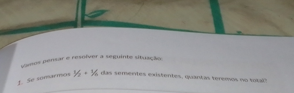 Vamos pensar e resolver a seguinte situação: 
1. Se somarmos 1/2+1/6 das sementes existentes, quantas teremos no total?