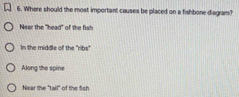 Solved: Where should the most important causes be placed on a fishbone ...