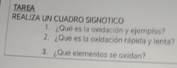 TAR EA 
REALIZA UN CUADRO SIGNOTICO 
1. ¿Qué es la oxidación y ejemplos? 
2. ¿Qué es la oxidación rápida y lenta? 
3. ¿Qué elementos se oxidan?